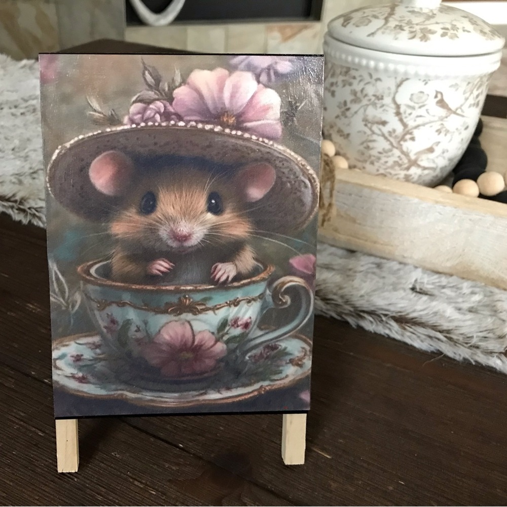 Hand Crafted Floral Tea Cup Mouse print on wooden stand